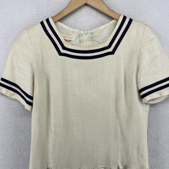 BROOKS BROTHERS Dress 4 Sailor Fit & Flare Pleated Linen Canvas Off White VTG - Picture 3 of 16